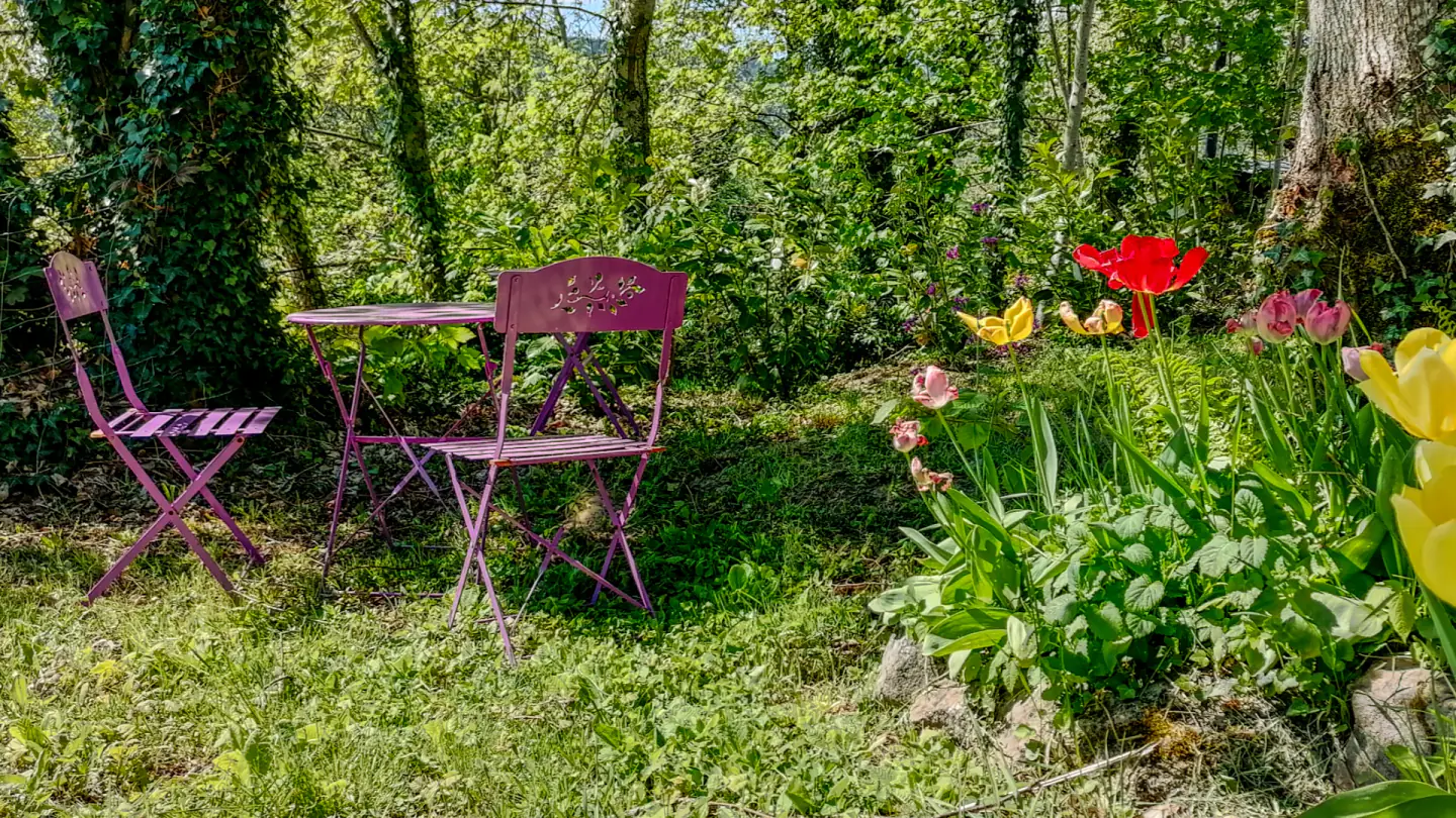 Table et chaises violettes dans un coin ombragé du jardin de Maison Marthe.