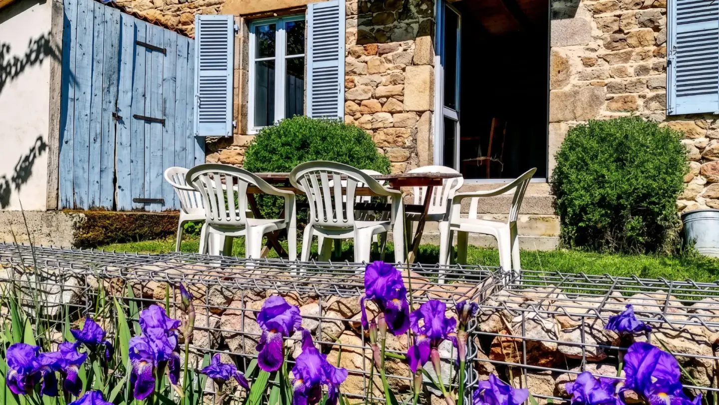 Terrasse ensoleillée devant la façade en pierre de Maison Marthe avec iris violets.
